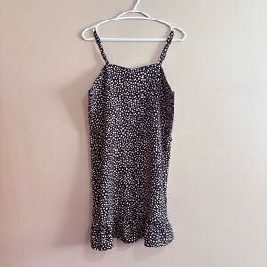 Black & White Polka Dot Spaghetti Strap Dress Smock Back Ruffle Hem